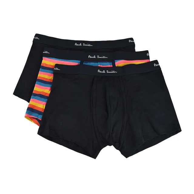 【Paul Smith】PAUL SMITH白字LOGO黑/條紋組合棉質低腰平角內褲三件裝(男款/黑x寬條紋)