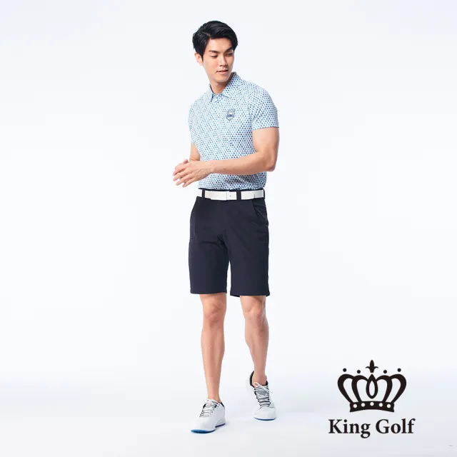 【KING GOLF】網路獨賣款-實體同步款-男款LOGO印花口袋夾標彈性短褲/高爾夫球褲(藍色)