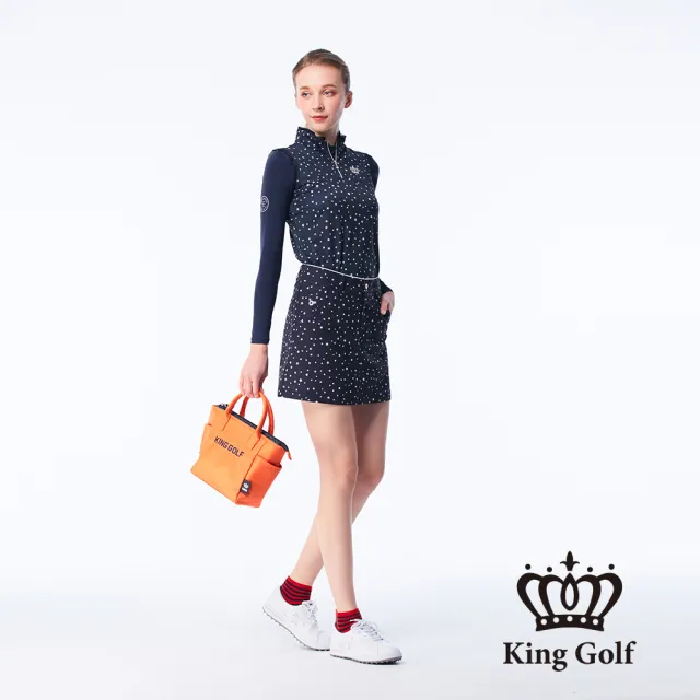 【KING GOLF】網路限定款-女款滿版星星印圖立體刺繡修身A LINE短裙/高爾夫球裙(丈青)