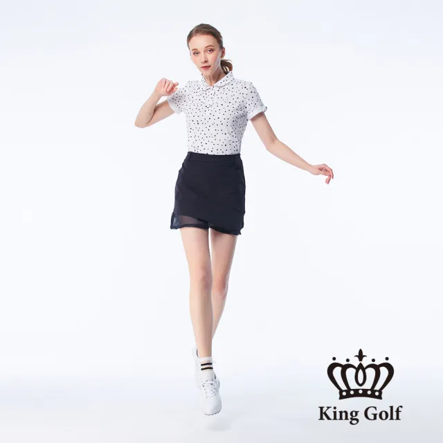 【KING GOLF】網路限定款-女款素面網布拼接立體刺繡修身A LINE短裙/高爾夫球裙(丈青)