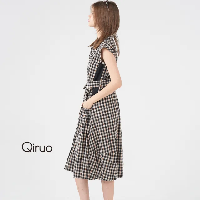 【Qiruo 奇若名品】春夏專櫃格紋洋裝 8247F 無袖襯衫領設計(黑色)
