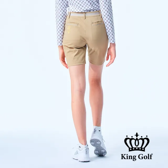 【KING GOLF】網路限定款-女款立體刺繡織帶拼接素面舒適修身休閒短褲/高爾夫球褲(卡其)