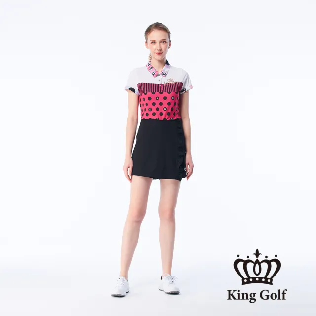 【KING GOLF】網路獨賣款-女款條紋圓圈印花LOGO印圖涼感短袖POLO衫/高爾夫球衫(桃紅)