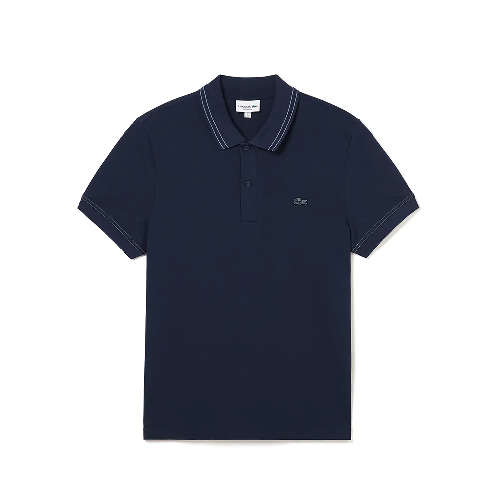 【LACOSTE】男裝-常規版型條紋領彈力網眼布Polo衫(海軍藍)