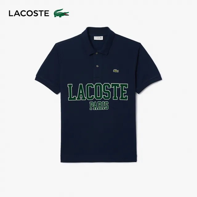 【LACOSTE】男裝-Original L.12.12植絨文字網眼部短袖Polo衫(海軍藍)