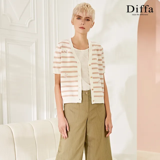 【Diffa】簡約條紋繡花針織外套-女