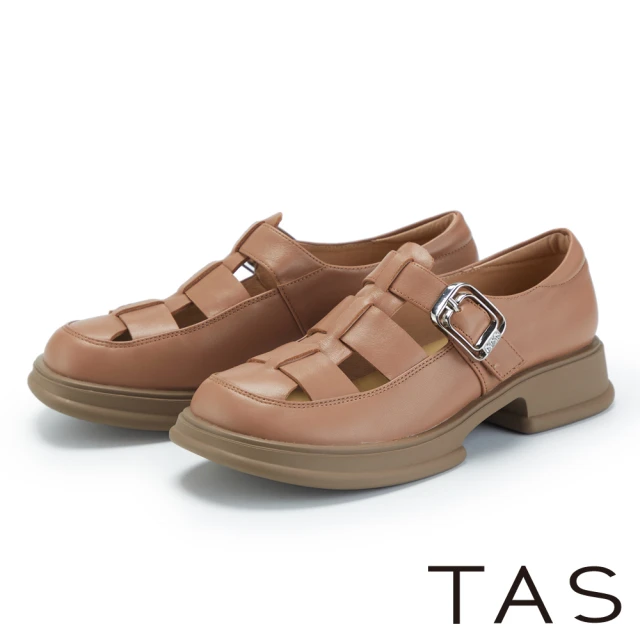 TAS 寬帶魚骨編織真皮厚底鞋(棕色)