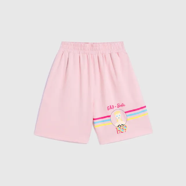 【GAP】女童裝 Gap x Barbie芭比聯名 Logo純棉印花鬆緊短褲-粉色(810362)