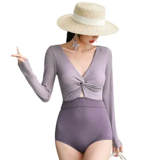 【Kosmiya】1件 長袖性感遮肚顯瘦連身式泳裝/連身泳裝/保守泳裝/溫泉泳裝/防曬泳裝(2色可選/M-XL)