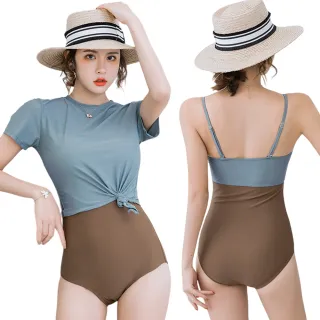 【Kosmiya】1套 韓版拚色遮肚顯瘦兩件式泳裝/兩件式泳裝/保守泳裝/溫泉泳裝/防曬泳裝(3色可選/M-XL)