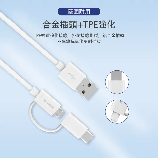 【NOKIA】USB-A轉TypeC & Micro-USB 100cm 2A快充手機傳輸充電線(E8100T)