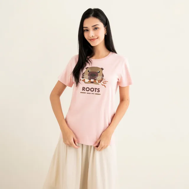 【Roots】Roots 女裝- OUTDOORS ANIMAL短袖T恤(粉橘色)