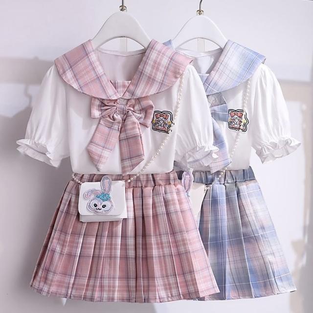 【小衣衫童裝】中大女童夏季格子JK制服學苑風套裝(1130317)