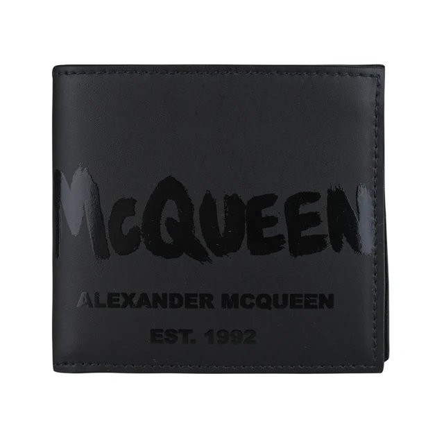 ALEXANDER MCQUEEN ALEXANDER McQUEEN GRAFFITI光亮黑字母LOGO小牛皮8卡對折短夾(黑)