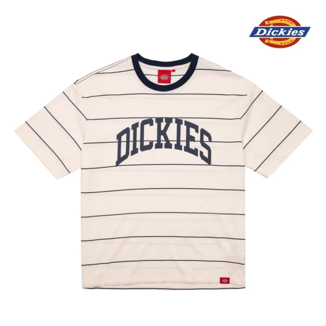 Dickies 男女款奶油色條紋純棉胸前弧型Logo寬鬆短袖