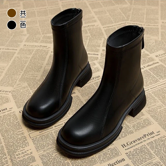 J&H collection 簡約質感真皮舒適柔韌平底短靴(