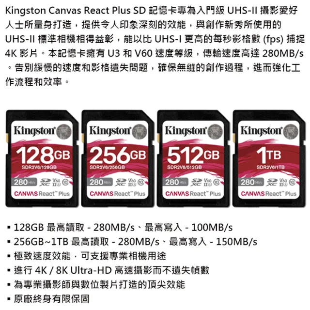 【Kingston 金士頓】512G SDXC SD U3 V60 UHS-II 記憶卡(SDR2V6/512GB 平輸)