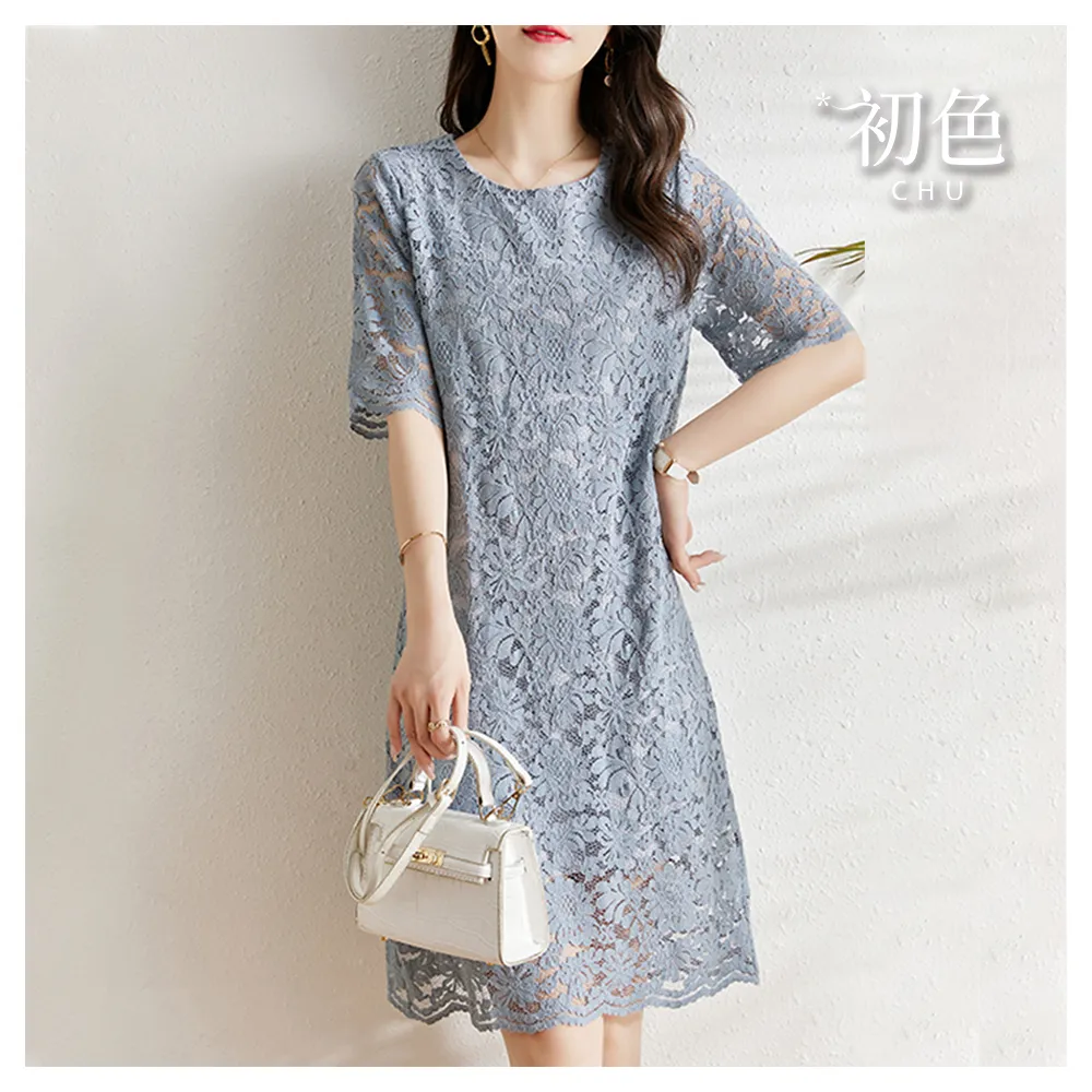 【初色】圓領蕾絲鏤空連衣裙短袖連身洋裝-藍色-69496(M-2XL可選)