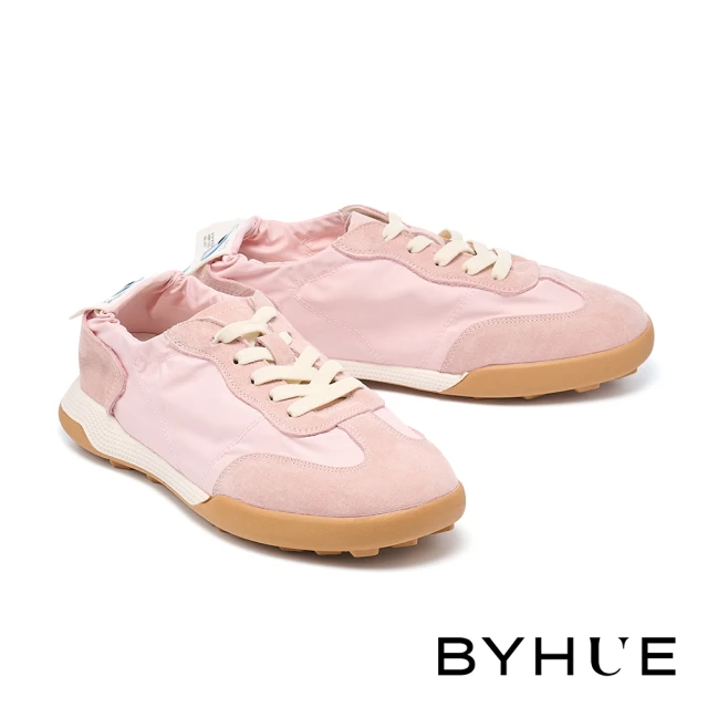 【BYHUE】美式復古異材質綁帶軟芯微Q底厚底休閒鞋(粉)
