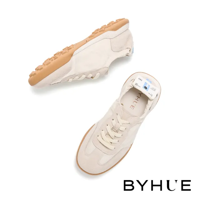【BYHUE】美式復古異材質綁帶軟芯微Q底厚底休閒鞋(米)