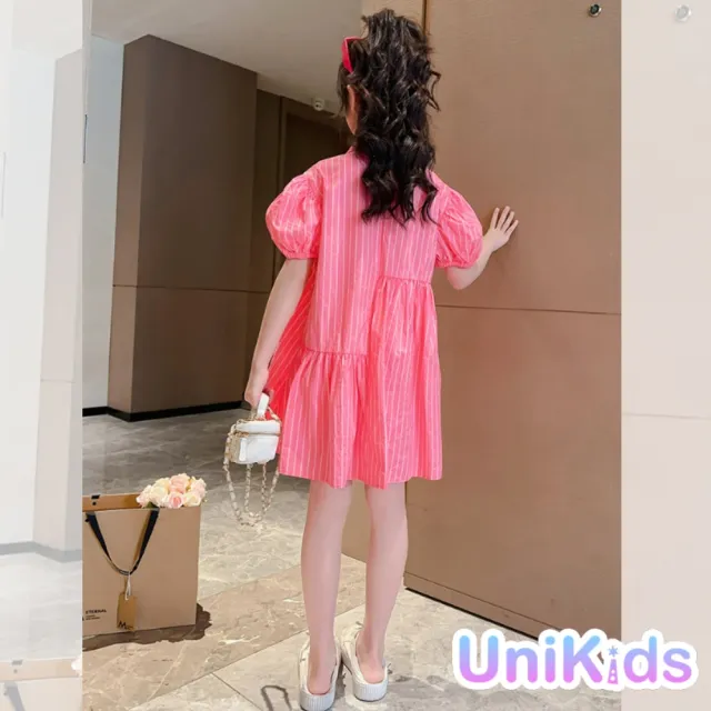 【UniKids】中大童裝條紋短袖洋裝 薄款翻領襯衫式連身裙 女大童裝 CVCJD2993(圖片色)