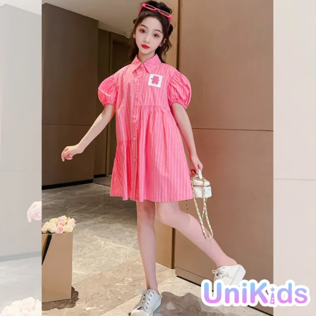 【UniKids】中大童裝條紋短袖洋裝 薄款翻領襯衫式連身裙 女大童裝 CVCJD2993(圖片色)