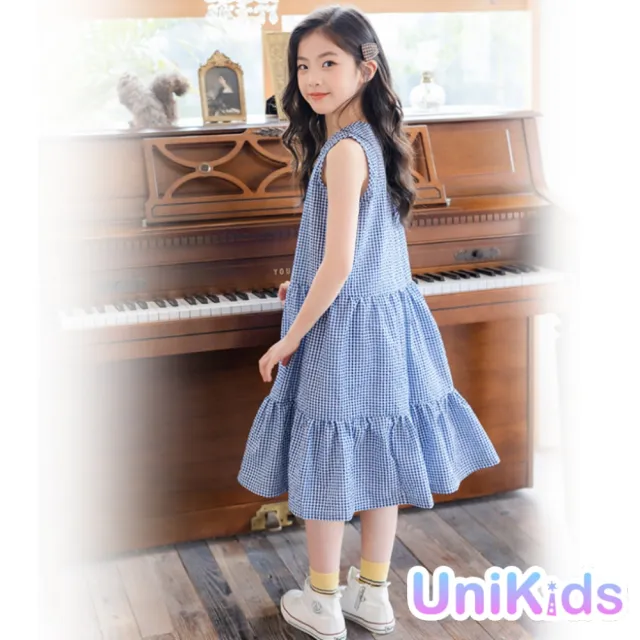【UniKids】中大童裝無袖洋裝 文青風細格紋背心裙 女大童裝 VWYW2137(藍)