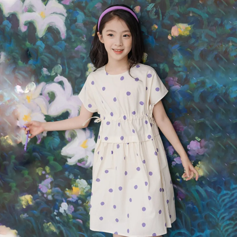 【UniKids】中大童裝短袖洋裝 波點森系清新連身裙 女大童裝 VWYW2176(紫色波點)