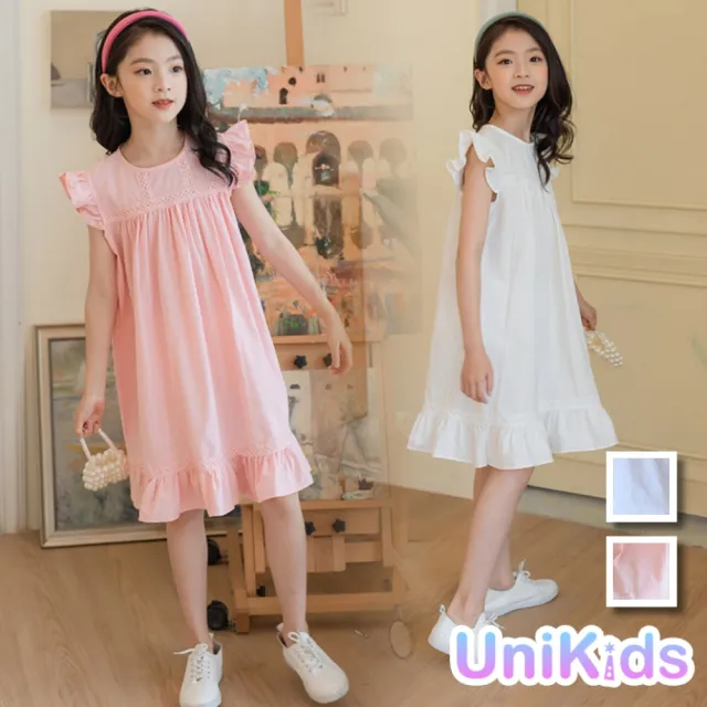 【UniKids】中大童裝飛袖洋裝 棉麻森系連身裙 女大童裝 VW19017(粉 白)