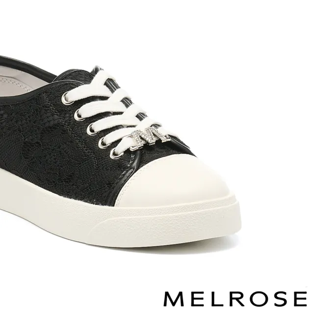 【MELROSE】美樂斯 率性優雅晶鑽M字釦蕾絲布牛皮厚底休閒鞋(黑)