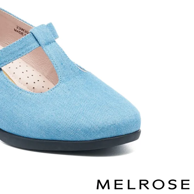 【MELROSE】美樂斯 雲朵後跟 復古時髦T字牛仔布瑪莉珍高跟鞋(藍)