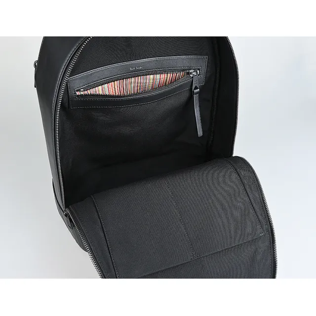 【Paul Smith】PAUL SMITH簽名銀箔LOGO小牛皮直條紋雙層拉鍊手提/後背包(黑)