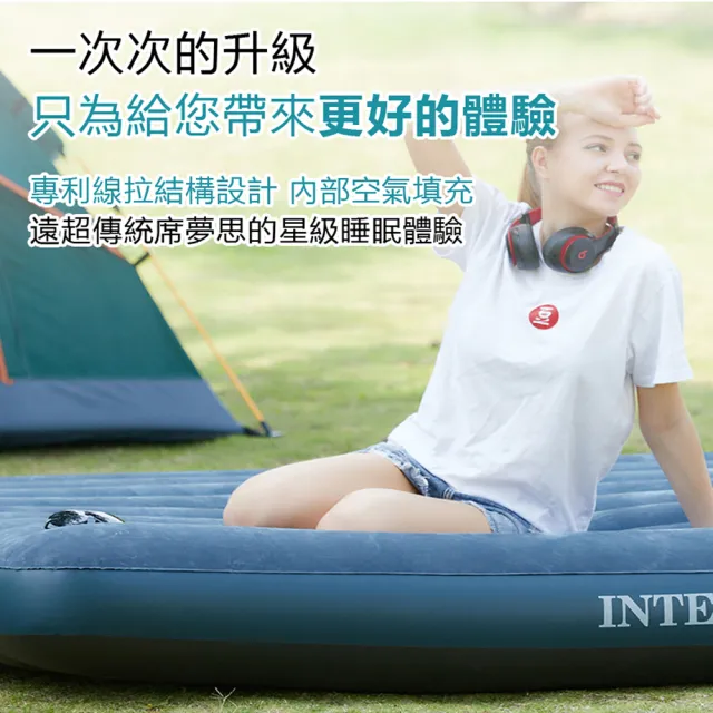 【INTEX】超值組合·經典雙人充氣床+打氣機+枕頭 新款雙面充氣床墊(露營睡墊 充氣床墊 露營床 平行輸入)