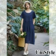 【UniStyle】棉麻短袖洋裝 原創款純色簡約連身裙 女 FA6259(藏青藍)