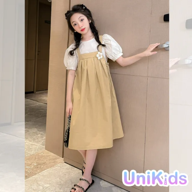 【UniKids】中大童裝2件套公主袖短袖上衣花朵吊帶裙 女大童裝 CVA2327(卡其)