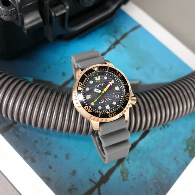 CITIZEN 星辰 PROMASTER 光動能 海浪波紋 潛水錶 日期 橡膠手錶 灰x玫瑰金框 44mm(BN0163-00H)