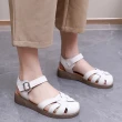 【JC Collection】真皮舒適透氣厚底鏤空包頭羅馬楔型涼鞋(杏、白)