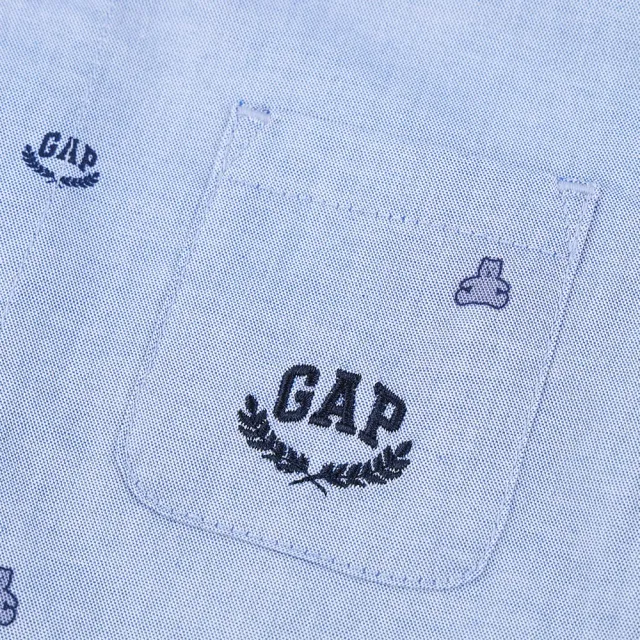 【GAP】男幼童裝 Logo純棉小熊印花翻領長袖襯衫-藍色(890335)