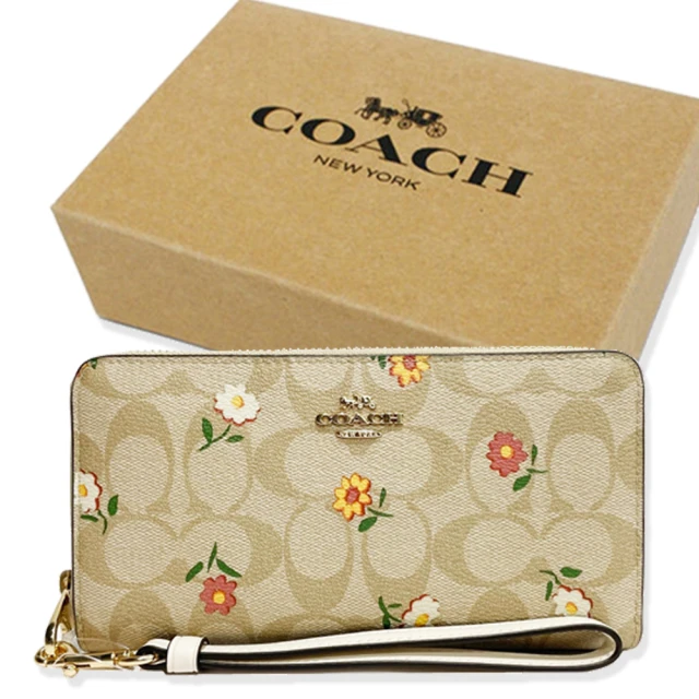 COACH C LOGO手掛式拉鍊零錢袋長夾禮盒(花卉/米白)