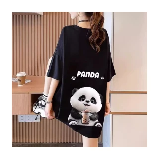 【YOUNGBABY】PANDA珍珠奶茶可愛熊貓棉T 中大碼女裝(黑)