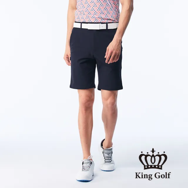 【KING GOLF】實體同步款-男款圖騰LOGO印圖剪裁彈性短褲/高爾夫球褲(丈青)