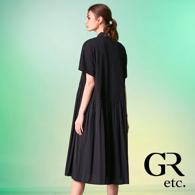 【GLORY21】網路獨賣款-etc.質感立體皺摺翻領短袖洋裝/連身裙(黑色)