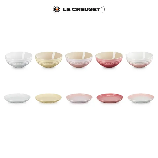 【Le Creuset】瓷器花蕾系列餐盤組17cm*5+沙拉碗組15cm*5(雪花白/奶油黃/貝殼粉/薔薇粉/淡粉紅)