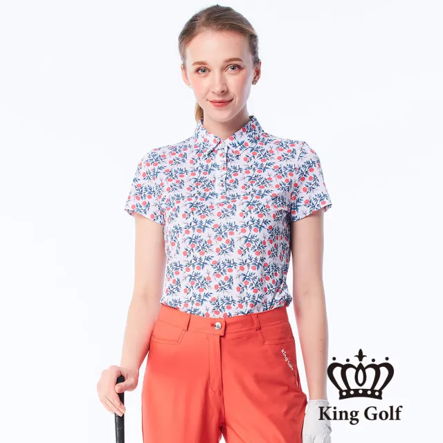 【KING GOLF】速達-網路獨賣款-女款花朵碎花造型POLO衫/高爾夫球衫(藍色)