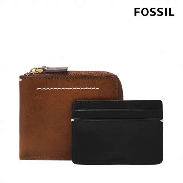 【FOSSIL 官方旗艦館】Westover 真皮拉鍊L型卡片夾包2件組-咖啡色 ML4594210(禮盒組附鐵盒)