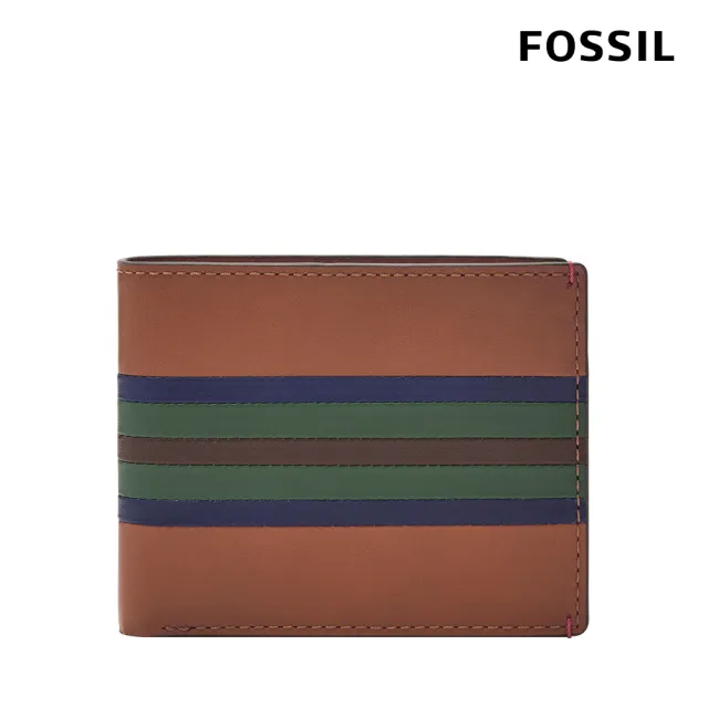 【FOSSIL 官方旗艦館】Bronson 真皮證件格皮夾-藍綠條紋 ML4560875(禮盒組附鐵盒)