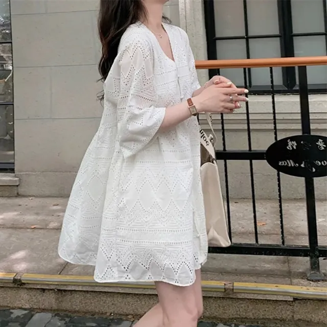 【SeasonsBikini】寬鬆雕花簍空連身裙 -381(連身裙雕花洋裝白洋裝婚禮洋裝渡假洋裝)
