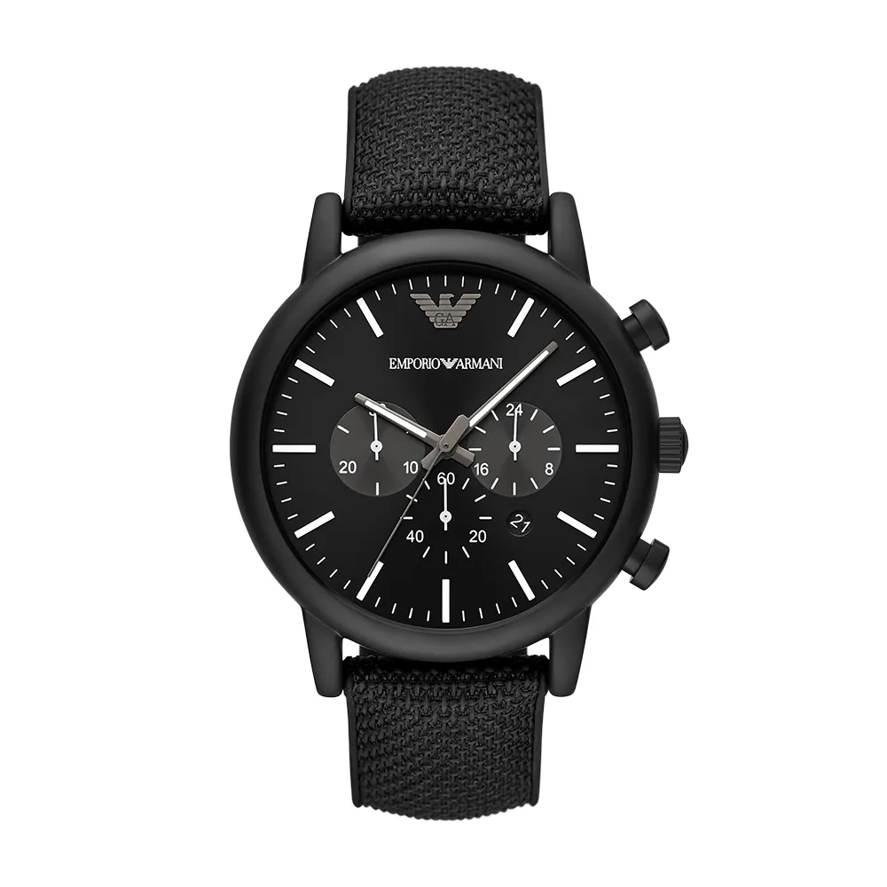 【EMPORIO ARMANI 官方直營】Luigi  都會菁英三眼時尚手錶 黑色矽膠錶帶 46MM AR11450