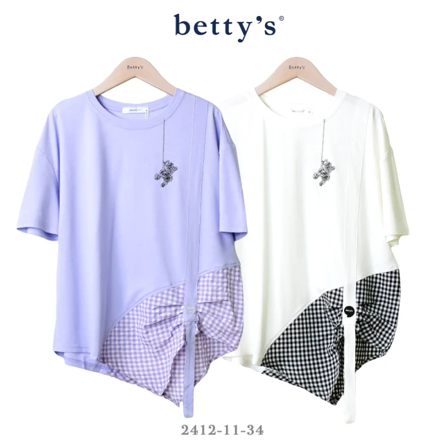 betty’s 貝蒂思 小熊刺繡格紋不對稱下擺拼接T-shirt(共二色)