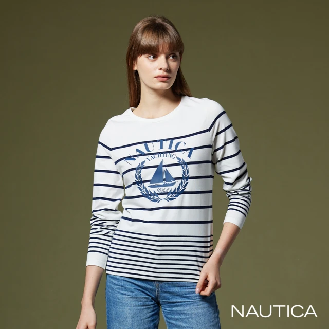 【NAUTICA】女裝 相間條紋休閒長袖T恤(白)